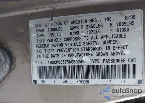 2005 Honda Accord 3.0 Ex из США, поврежденный, VIN 1HGCM66575A080245